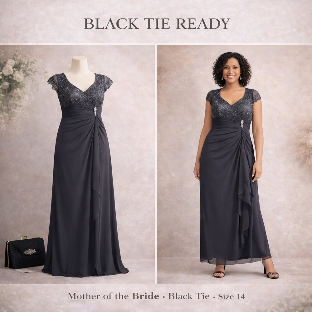 Betsy & Adam Sequin Lace Gown Charcoal Gray Size 14 Formal Evening - Picture 2 of 10